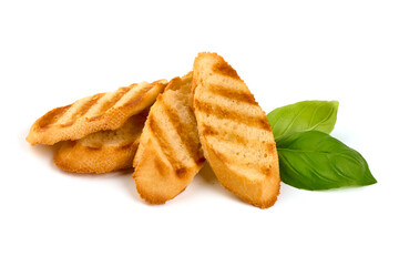 Crusty bread bruschetta, isolated on white background.
