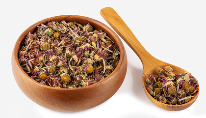 Dried Echinacea flowers in wooden bowl and spoon, isolated on white background. Petals of Echinacea purpurea. Medicinal herbs.