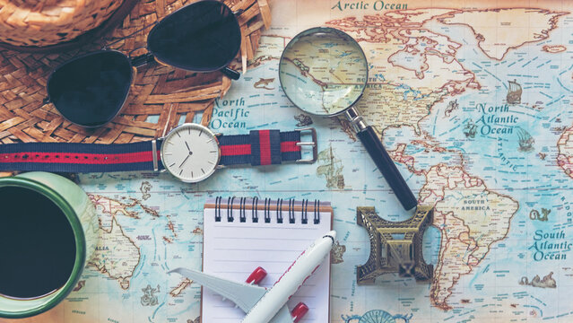 Tourism travel Information brochure. Traveler tour accessories maps, passport items man tourism backpack and visiting for planning business trips destination travel vacations world. Map background