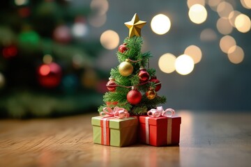 Fototapeta na wymiar Christmas tree and decoration, bokeh background. Generative AI