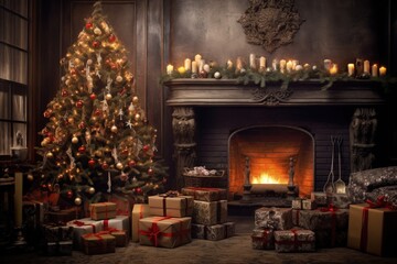 Living room with fireplace, Christmas tree and gifts, digital illustration. Generative AI