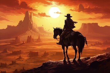 Fototapeta na wymiar Landscape with cowboy on horse, canions in background, old west concept. Generative AI