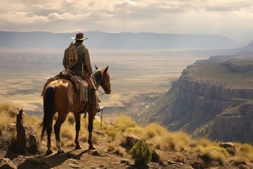 Landscape with cowboy on horse, canions in background, old west concept. Generative AI