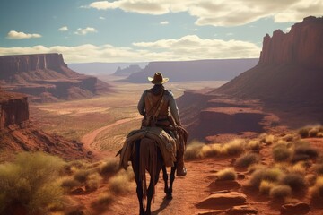 Landscape with cowboy on horse, canions in background, old west concept. Generative AI