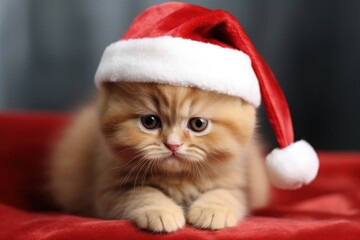 Obraz na płótnie Canvas Cute cat in santa claus hat, christmas holiday concept. Generative AI