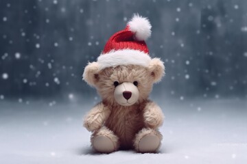 Teddy bear with Santa Claus hat, christmas holiday concept. Generative AI