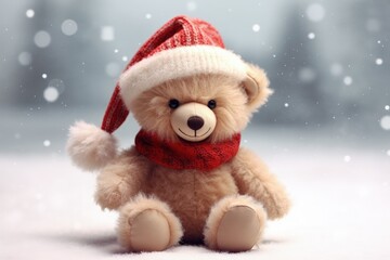 Teddy bear with Santa Claus hat, christmas holiday concept. Generative AI