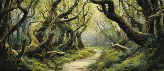 Fototapeta premium Enchanted forest, fantasy concept, digital illustration. Generative AI