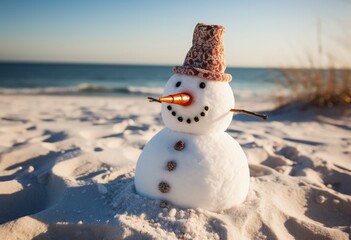 Snowman with hat and scarf, on the beach, christmas concept, bokeh background. Generative AI