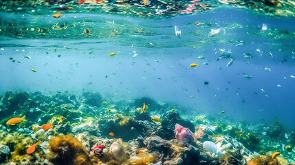 Obraz na płótnie Canvas Plastic trash at the bottom of the tropical sea. tropical fish swim among plastic bottles, bags. Conceptual illustration of ocean and reef sea water pollution.AI Generative