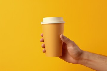 Hand holding coffee cup, yellow background. Generative AI