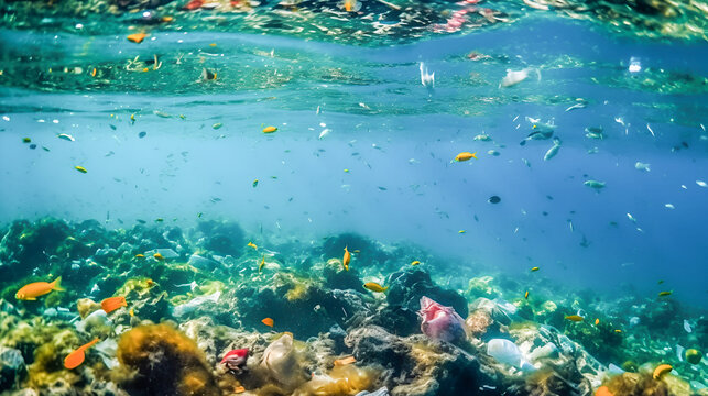 Plastic trash at the bottom of the tropical sea. tropical fish swim among plastic bottles, bags. Conceptual illustration of ocean and reef sea water pollution.AI Generative