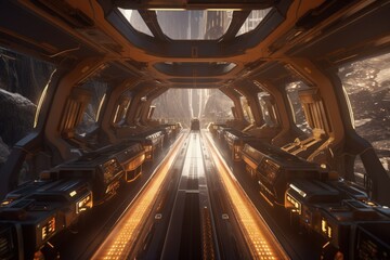 Interior of a technological spaceship, futuristic and fiction concept, digital illustration. Generative AI