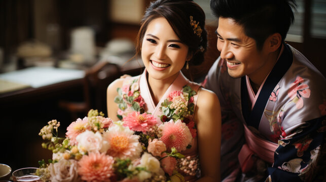 Young wedding couple in traditional japanese kimono with bouquet. Generative AI.