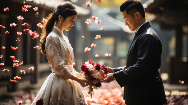 Beautiful asian bride and groom holding hands and wedding bouquet against petals of flowers. Generative AI.