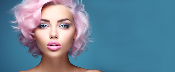 Portrait of beautiful model with pink blue hair for an advertisement for cosmetics brand. Trend for individuality and freedom to do what you want with your appearance. Generative Ai content.