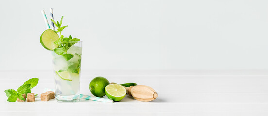 Non-alcoholic cocktail mojito with ingredients for its preparation