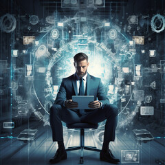 Portrait of a young confident businessman using a tablet computer against a futuristic background. Image of businessman with tablet in hands against media interface background. Technologies concept