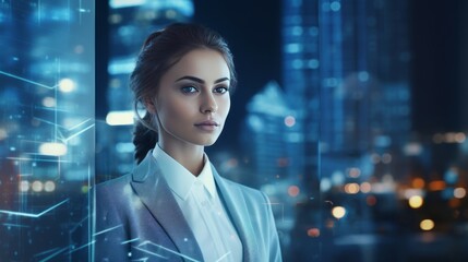 Attractive businesswoman on abstract night city background. Business Innovation. Portrait of young businesswoman on abstract digital cyberspace hologram  background. Future and technology concept