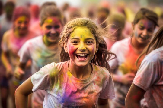 Smiling young girl at the colour run.