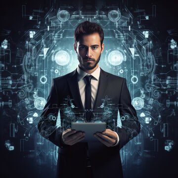 Portrait of a young confident businessman using a tablet computer against a futuristic background. Image of businessman with tablet in hands against media interface background. Technologies concept