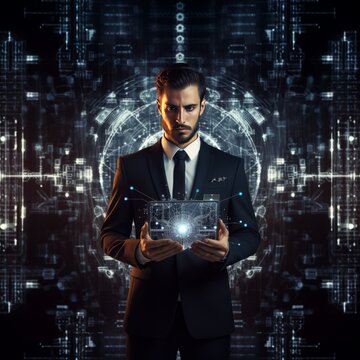 Portrait of a futuristic man holding a digital tablet with a hologram in his hands. The concept of artificial intelligence. Man in a suit holding a tablet with a holographic projection of an interface