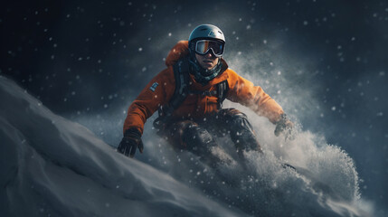 Snowboarder riding on slope in the winter