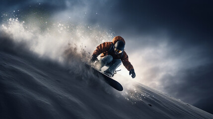 Snowboarder riding on slope in the winter