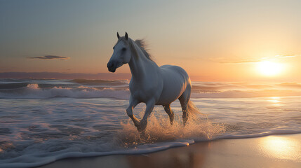 Fototapeta na wymiar Horse running on the beach at sunset made with Ai generative technology