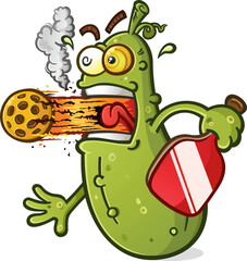 Crazy pickleball cartoon character firing a high speed pickle fireball rocket out of his mouth with powerful fire and smoke on the court - 618146725