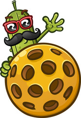 A happy pickle cartoon wearing stylish sunglasses and sporting an epic handlebar mustache while peeking over from behind a giant pickleball and waving for attention - 618146741