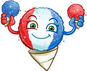 Red white and blue snow cone cartoon character holding cherry and blue raspberry snowcones and smiling big on the fourth of july and sporting America's colors for the holiday - 618146755