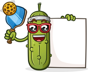 A pickle cartoon holding a pickleball paddle ball and a big blank sign perfect for displaying a pickleball schedule or team name in a bold and entertaining way
