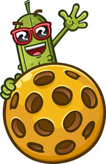 A happy pickle cartoon wearing stylish sunglasses and peeking over from behind a giant pickleball and waving happily with a big smile on his face to show his love of the sport