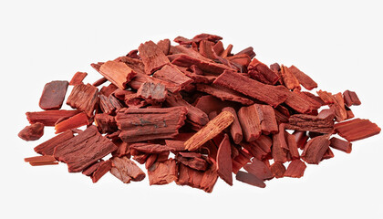 Pile of red Sandalwood chips (Pterocarpus santalinus), isolated on white background
