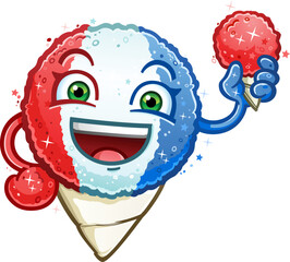 Red white and blue snow cone cartoon character holding a cherry snowcone smiling big on the fourth of july and sporting America's colors for the holiday - 618146783