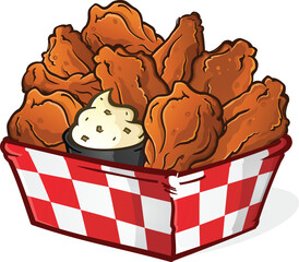 Big delicious basket of hot saucy buffalo chicken wings piled high with a creamy ranch dipping sauce image for sports bar signage or menus - 618146788