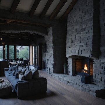 Front view of a natural stone wall in a house with the fireplace in front, wooden beams and floors
