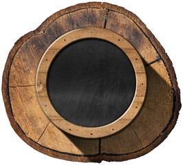 Old blank blackboard with wooden round frame (circle shape) on a cross section of a tree trunk isolated on white or transparent background, high resolution, photography. Png.