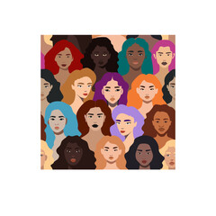 Female diverse faces of different ethnicity seamless pattern. equality concept, international womens, activism, feminism, inclusive. Modern feminist vector illustration. different womens portaint