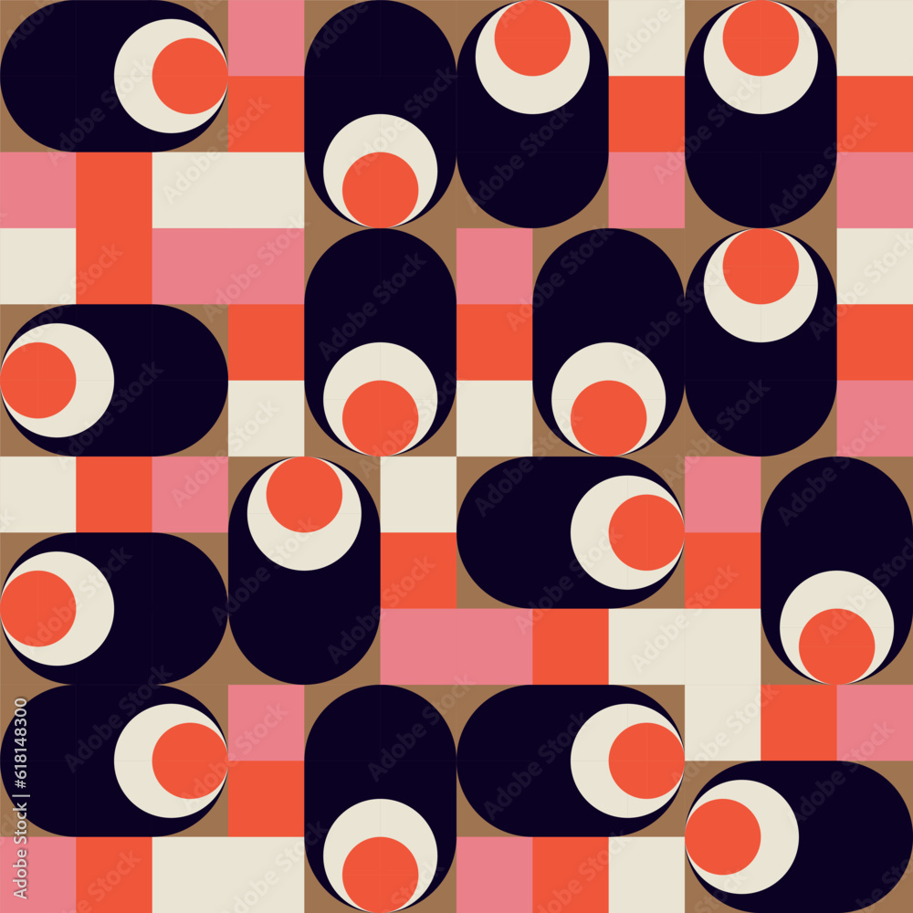 Poster  Modern vector abstract  geometric background with circles, rectangles and squares  in retro scandinavian style. Pastel colored simple shapes graphic pattern. Abstract mosaic artwork.