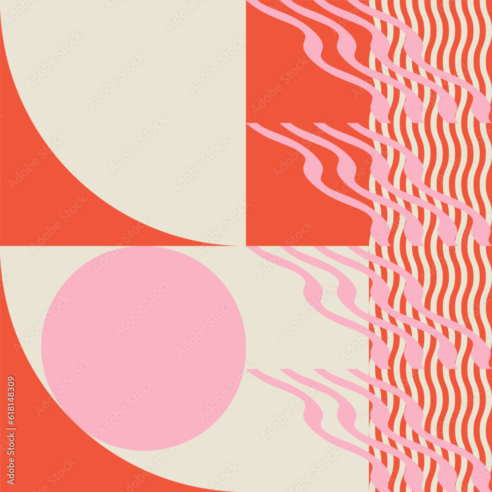 Fototapete Modern abstract geometric  vector seamless pattern with simple elements and shapes like circle, square and triangle. Graphic pastel colored minimalist background.