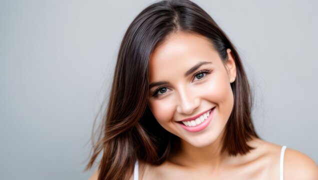 Portrait beautiful brunette model woman with white teeth smile, healthy long hair and beauty skin on grey background. Concept of advertising dentist and facial care. Generative AI