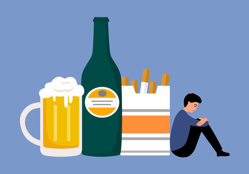Unhappy man with bad habits unhealthy lifestyle in flat design.