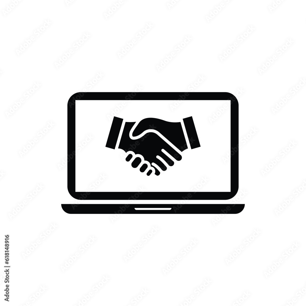 Poster icon handshake pictogram with computer symbol. designed for web and software interfaces. outline sty