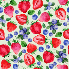 Watercolor ripe strawberries, blueberry seamless pattern. Organic sweet, juicy food tile. Hand drawn summer fruit botanical background. Repeatable texture, kitchen wallpaper, fabric, textile, menu