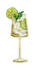 Watercolor coctail, hugo spritz, mojito, sparkling wine, soda, martini. Summer drink refreshing illustration, low alcohol beverage, coctail bar menu, aperitif, liquor. Elderflowers, lemon, lime, mint