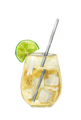 Watercolor coctail, hugo spritz, mojito, sparkling wine, soda, martini. Summer drink refreshing illustration, low alcohol beverage, coctail bar menu, aperitif, liquor. Elderflowers, lemon, lime, mint