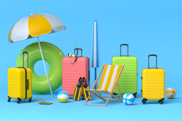 Colorful suitcase or baggage with beach accessories on blue background.
