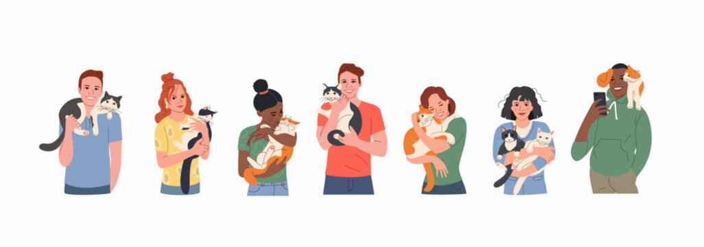 Young  women and men holds and hugs the cat. Children puppies friendship. Vector flat style cartoon illustration